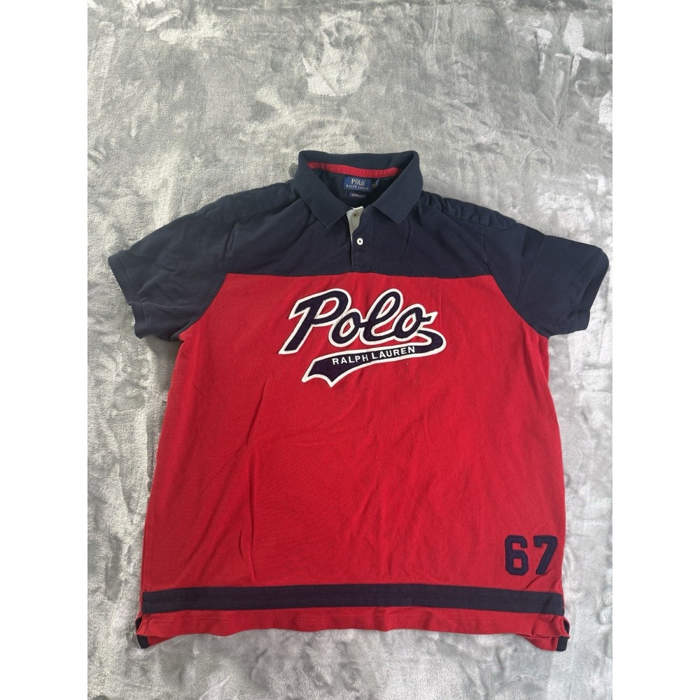Polo Ralph Lauren Mens XXL Tall Shirt Rugby Letter Patch Spell Out #67 Red Blue